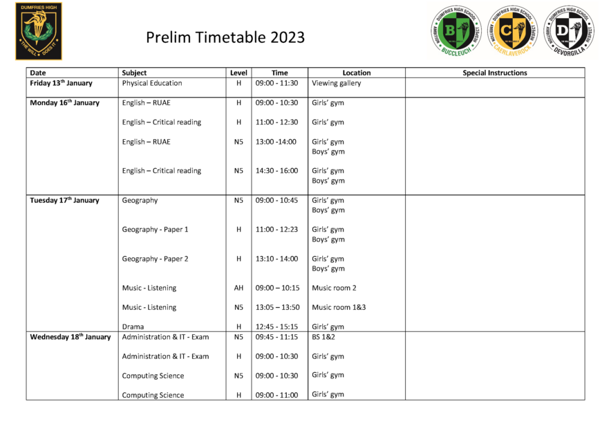 Prelim Timetable 2023 Dumfries High School